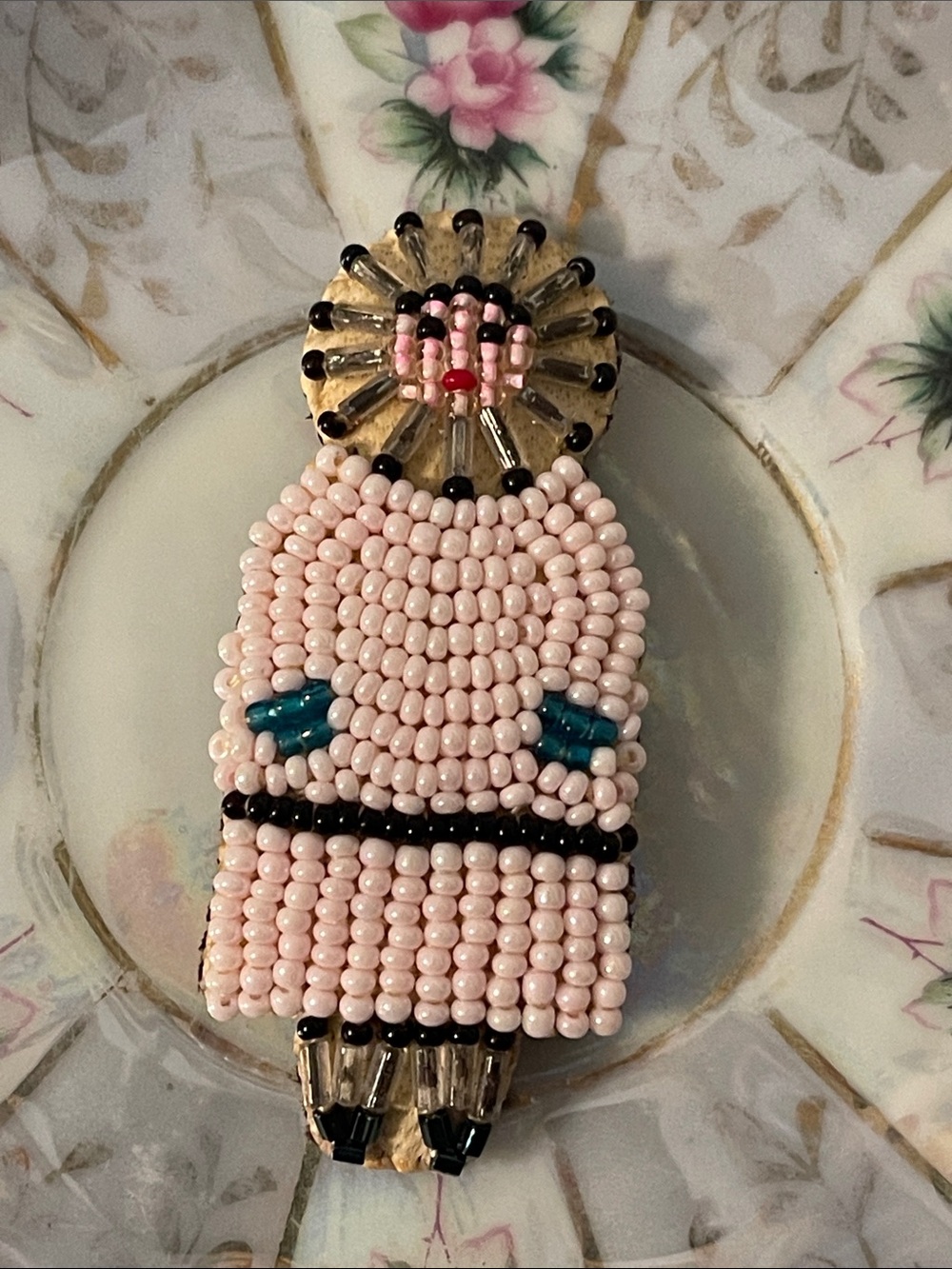 Vintage Alaskan Treasures Handcrafted Beaded Eskimo Woman Brooch